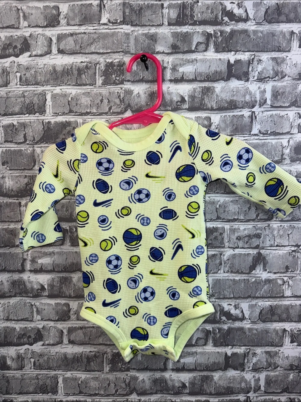 2 Baby Nike Long-Sleeve‎ Baby One-Piece in Light Blue and Yellow Soccer Print